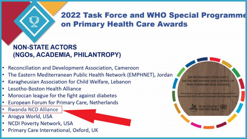 Rwanda NCD Alliance receives prestigious United Nations Interagency Task Force and WHO Special Programme on Primary Health Care Award for 2022